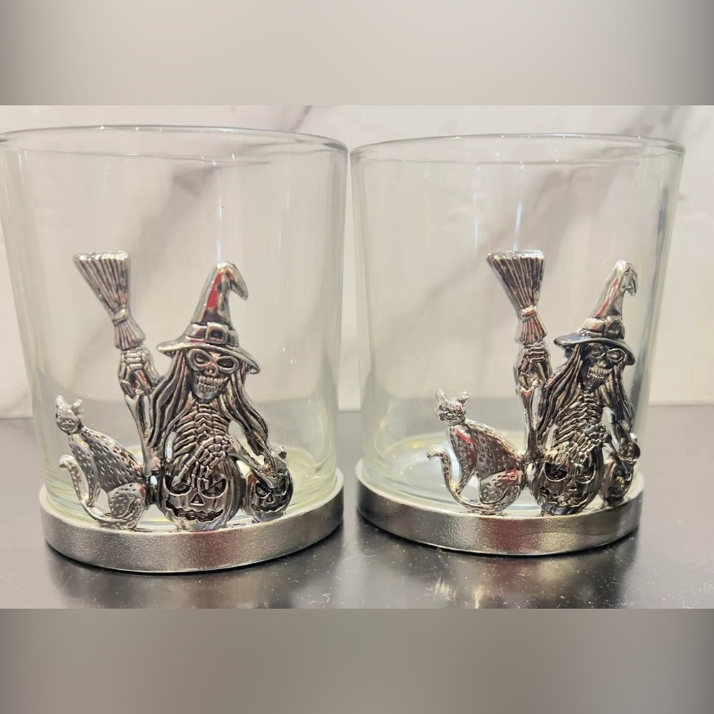 Halloween Double Old Fashioned Metal Witch Black Cat Cocktail Glasses Set 2 New